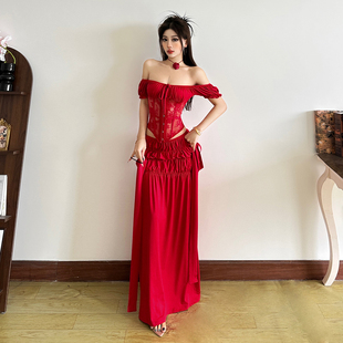 #Sisjuly#玫瑰洛可可蕾丝透视感一字领上衣 褶皱飘带长裙套装女秋