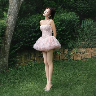 法式 庄园甜美公主 精致立体花纱网层叠蓬蓬抹胸连衣裙女 Sisjuly
