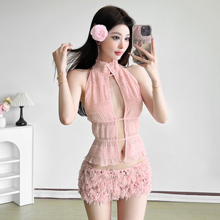 #Sisjuly#精致甜心教主心机镂空木耳边无袖上衣 毛茸茸短裤套装女