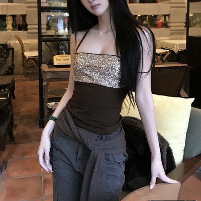 亮片bling辣妹百搭修身挂脖吊带