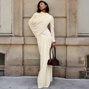佳人不规则垂感褶皱长袖 时尚 巴黎邀约纯欲风 连衣裙女秋 Sisjuly