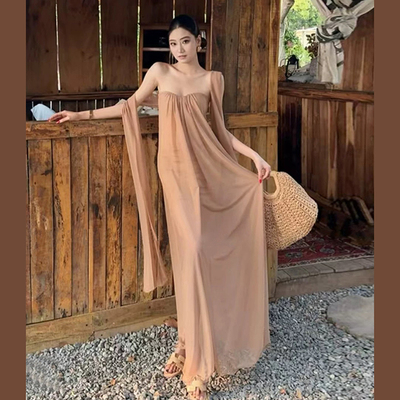 维纳斯女神网纱飘逸度假抹胸裙女