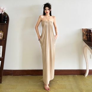 温柔lovely 法式 通透知性美人褶皱口袋设计抹胸连衣裙女 Sisjuly