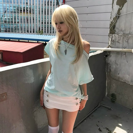 #Sisjuly#柔柔少女感清水绿chic 简约时尚纯色百搭斜肩短袖T恤女