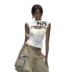 街头复古Bupbes印花镂空设计辣妹无袖 美式 吊带背心女潮 Sisjuly