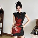 修身 古典雅韵旗袍改良印染排扣背心连衣裙女夏 包臀短裙 Sisjuly