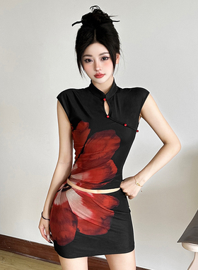 #Sisjuly#古典雅韵旗袍改良印染排扣背心连衣裙女夏 修身包臀短裙