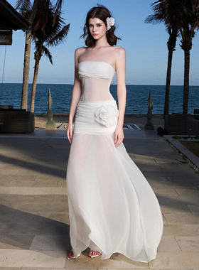 #Sisjuly# ins度假风出游bi备飘逸抹胸裙女 收腰网纱长裙连衣裙潮