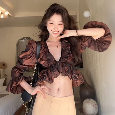 易梦玲同款典雅荷叶边长袖T恤女