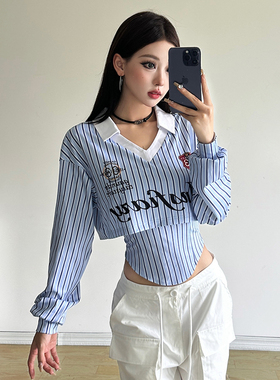 #Sisjuly#Ulzzang蓝色网球风百搭撞色V领清新条纹显瘦T恤女两件套