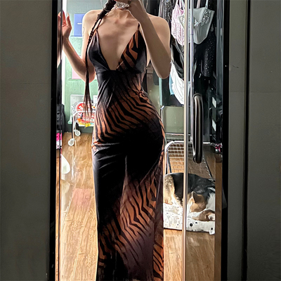 复古野性渐变印花显瘦连衣裙女