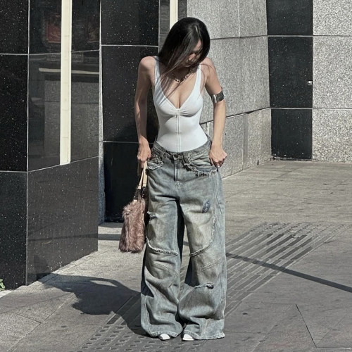 街头纯欲深V拉链修身吊带背心女