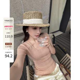 Yinkoo「心动攻略」100%莱赛尔高端显瘦人字纹女夏季凉感针织上衣