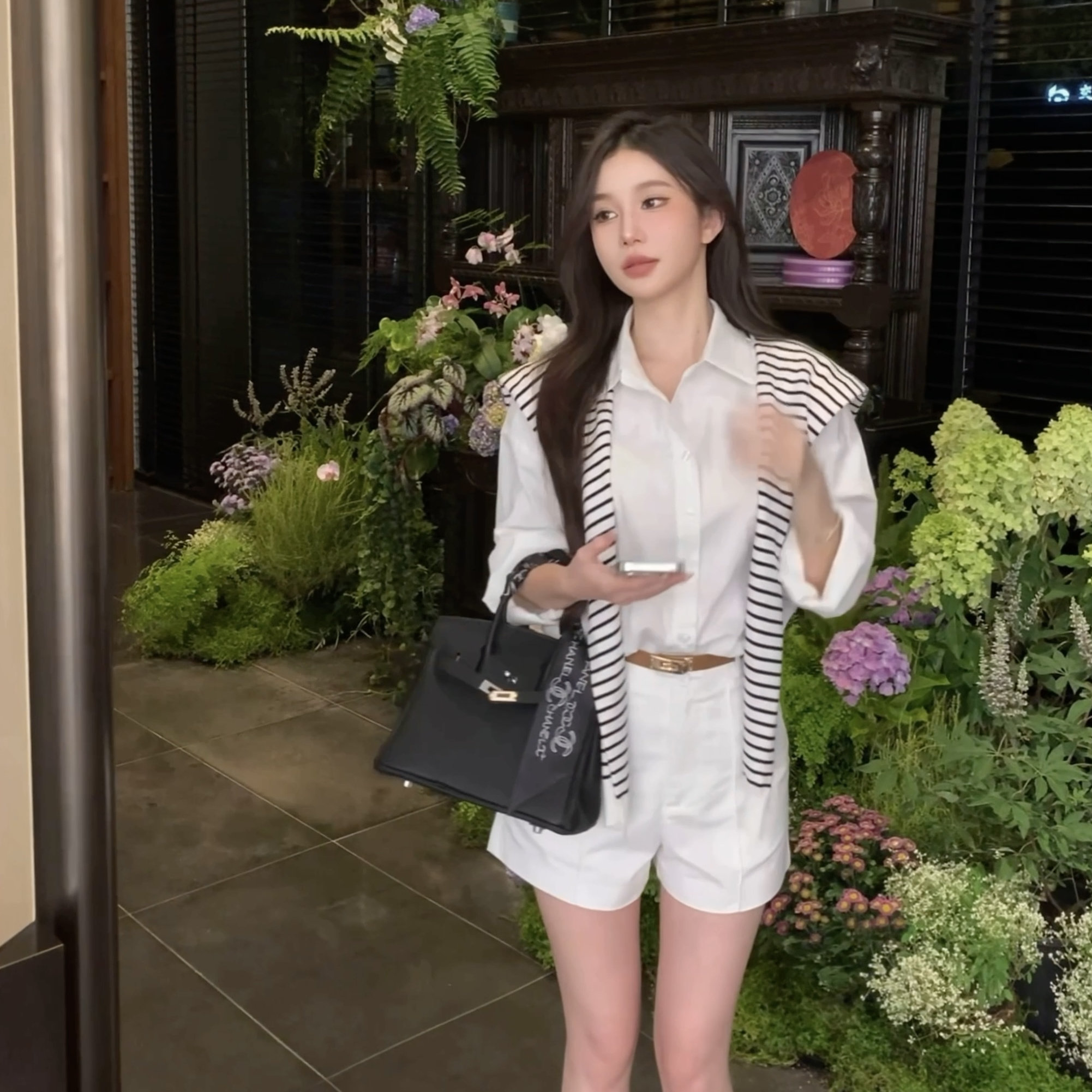 yinkoo简约亚麻衬衫短裤长裤套装