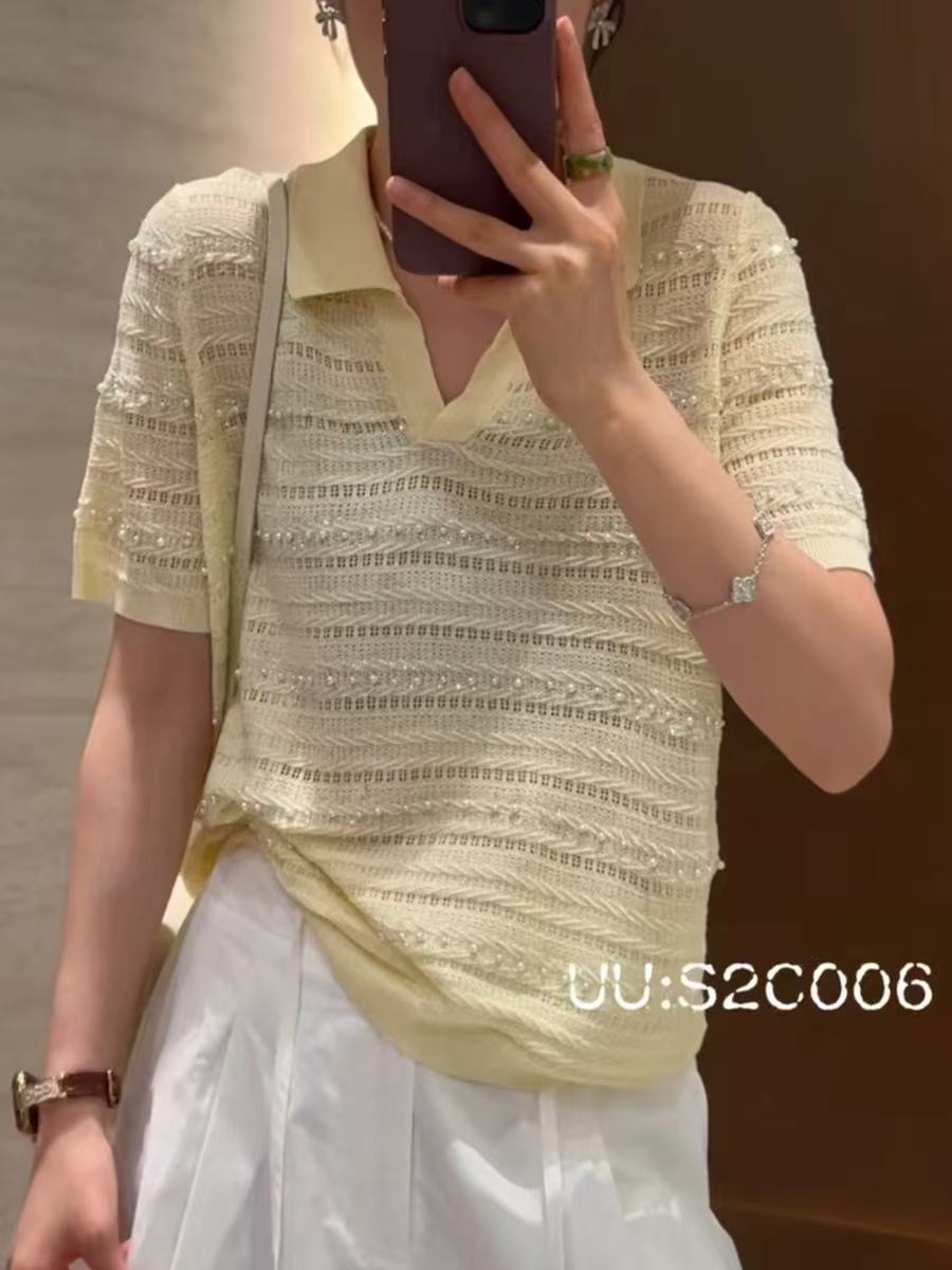 2026夏季气质钉珠冰丝短袖T恤女