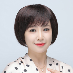 假发女士波波头全头套短直发真发套中老年妈妈款全真发斜刘海自然