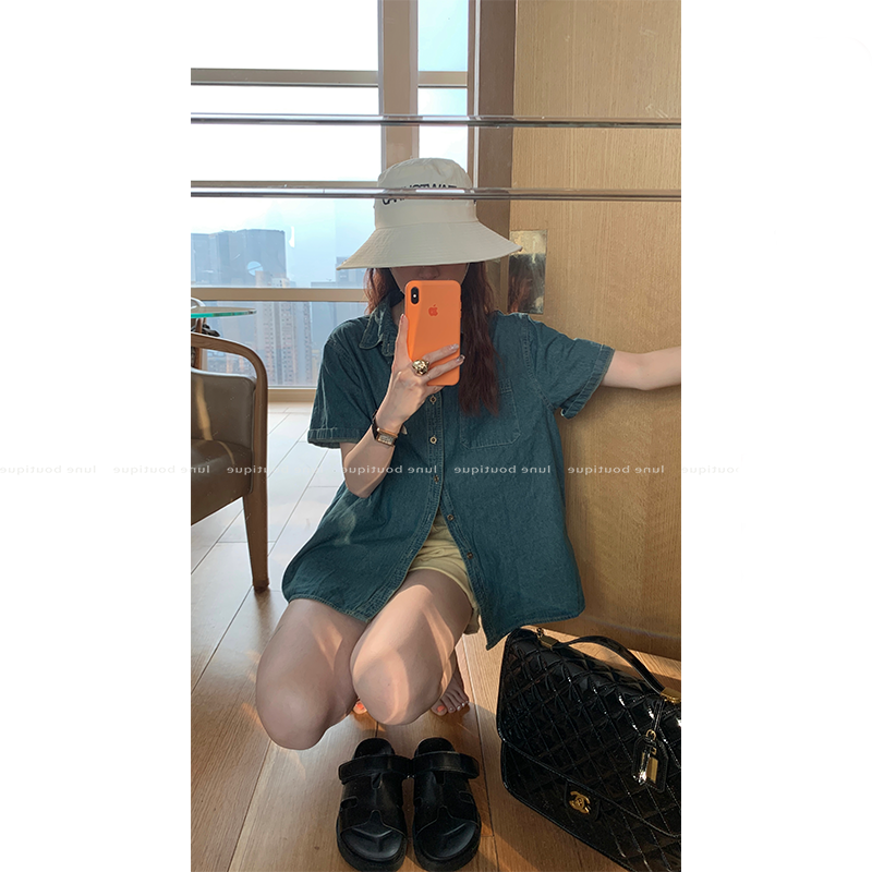AJUO牛仔短袖衬衫女夏季韩系设计感高级小众衬衣宽松显瘦气质上衣