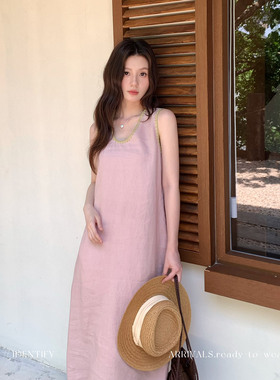 IDENTIFY 复古U型领刺绣包边亚麻连衣裙女夏季粉色宽松透气背心裙