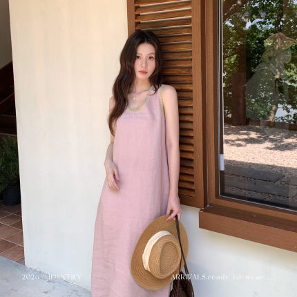 IDENTIFY 复古U型领刺绣包边亚麻连衣裙女夏季粉色宽松透气背心裙
