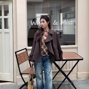 IDENTIFY 高级感荷叶边设计翻领外套女秋季咖色抽绳收腰短款风衣