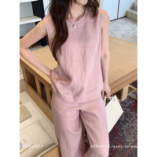 老钱风后背开叉亚麻马甲背心女