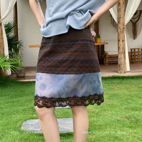 多重拼接撞色蕾丝提花半身裙女