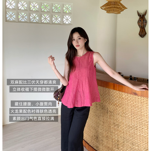复古圆领亚麻汉麻无袖马甲女夏季