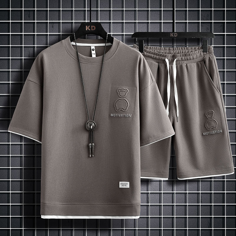 WAFFLE TRACKSUIT MENS SUMMER TREND INS TEEN SHORT SLEEVE SHORTS SET OF LOOSE SPORTS TWO