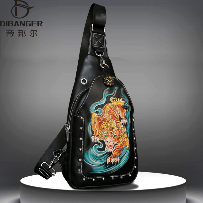 胸包男真皮斜挎包头层牛皮大容量单肩包原创手工皮雕个性时尚潮流