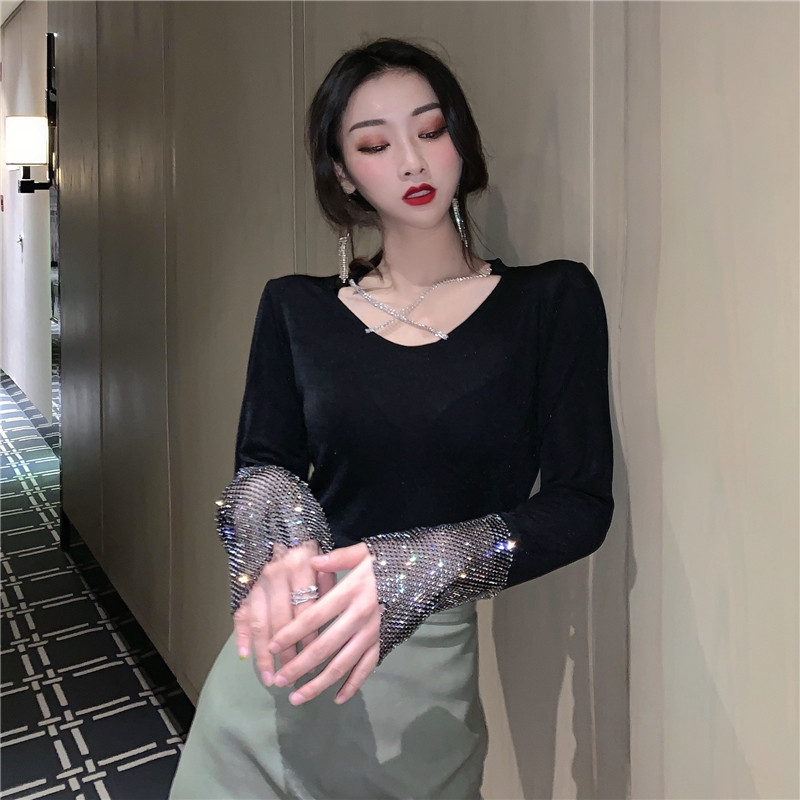 Hong Kong flavor temperament Self cultivation Base coat jacket Autumn and winter 2019 new pattern Mosaic Rhinestone chain Long sleevein the Women's clothing/Boutique , T-shirt  category - from Buy2taobao.com to provide professional Taobao agent buy service