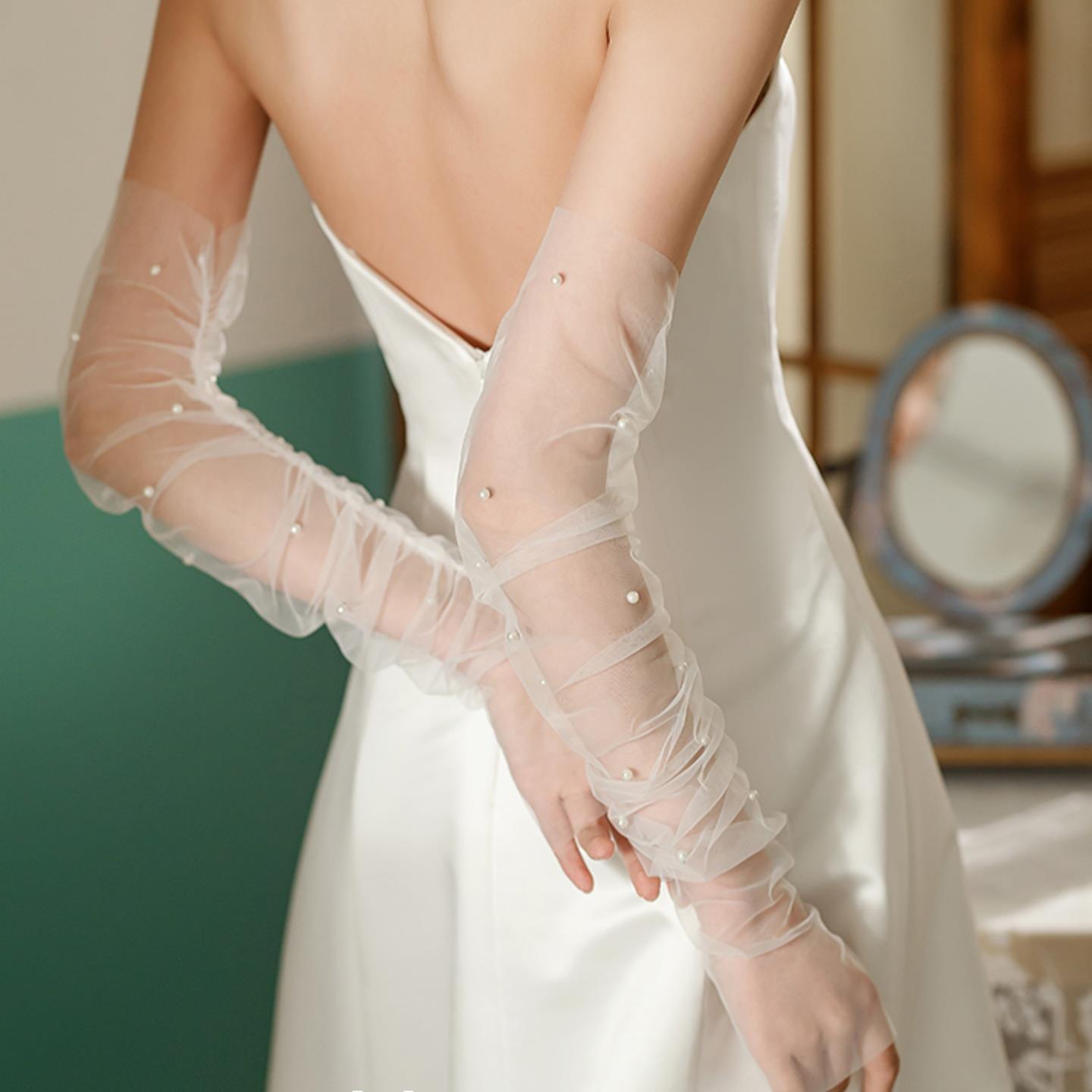 婚纱袖套遮手臂重工长款法式赫本风结婚礼服手袖法式女晚礼服手纱