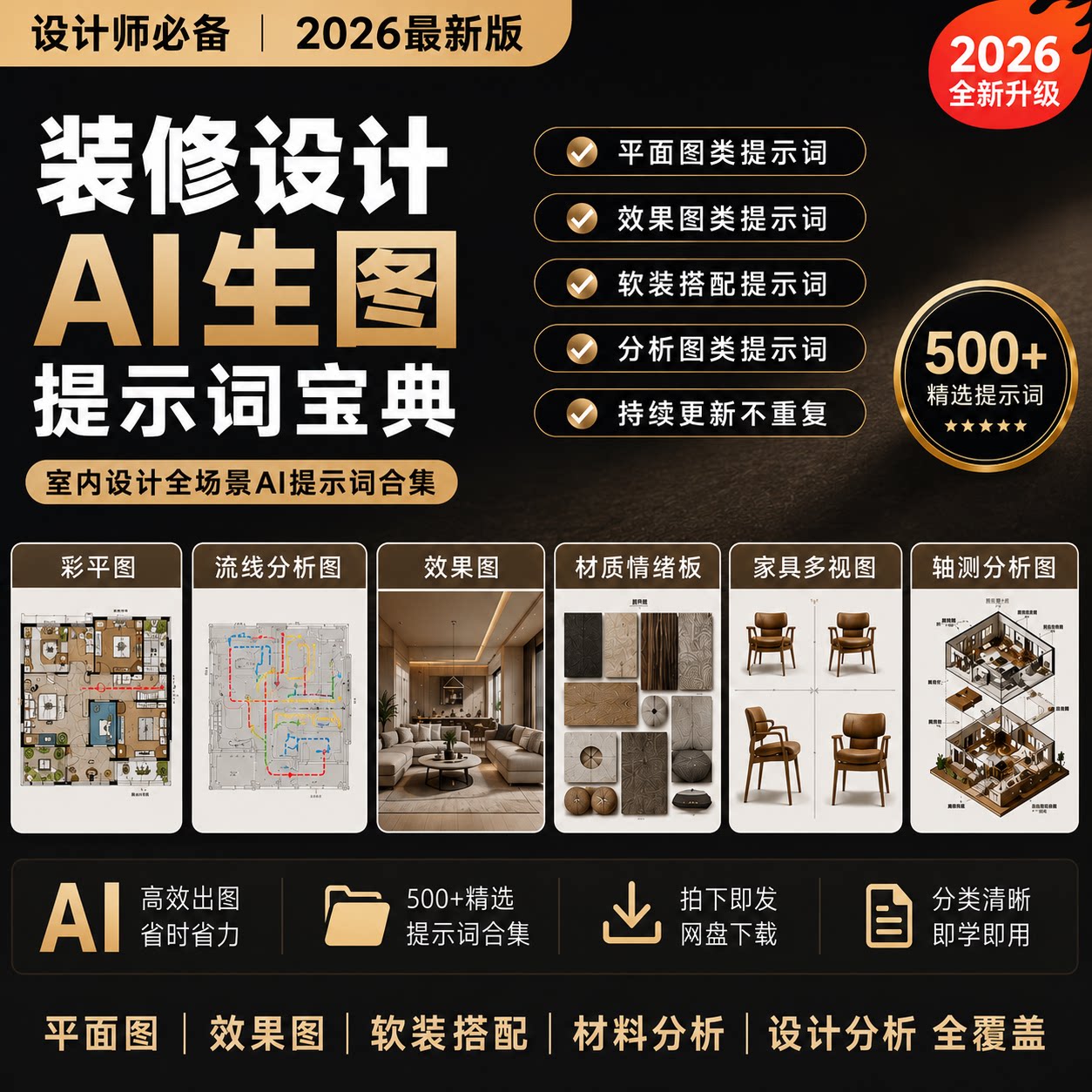 效果图ai生图提示词 材料版软装 海报家具彩平图户型图毛坯爆炸图