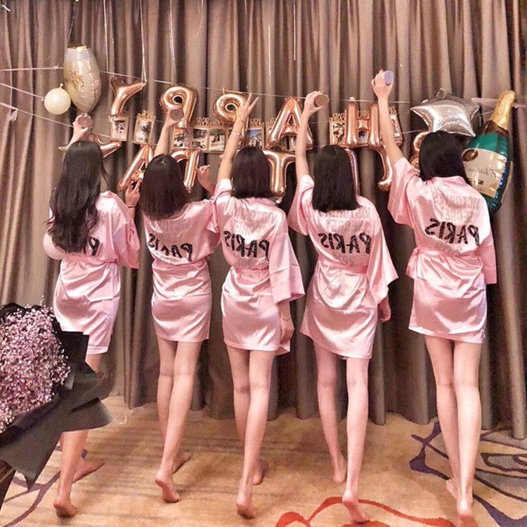 性感睡衣女明星走秀同款闺蜜丝绸睡裙女开襟烫钻晨袍聚会派对趴体