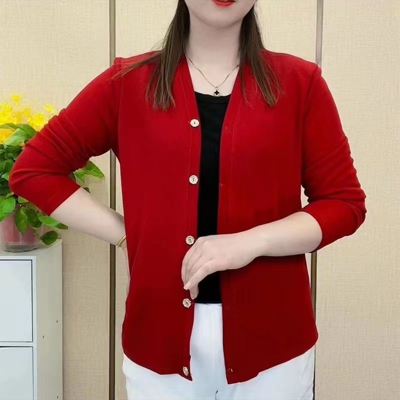 妈妈春秋薄款外套大码宽松针织开衫上衣中老年女装秋装长袖打底衫