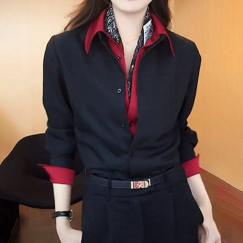 2026春季新款设计感假两件翻领衬衫女韩系撞色拼接时髦气质上衣潮