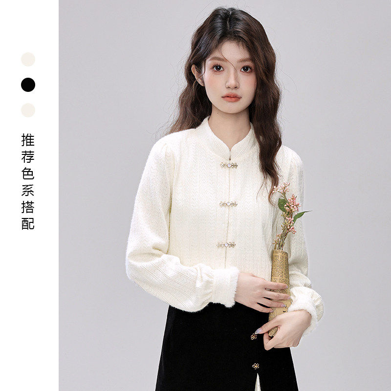 2026春秋新中式盘扣磨毛长袖衬衫女宽松针织衬衫打底衫气质上衣潮