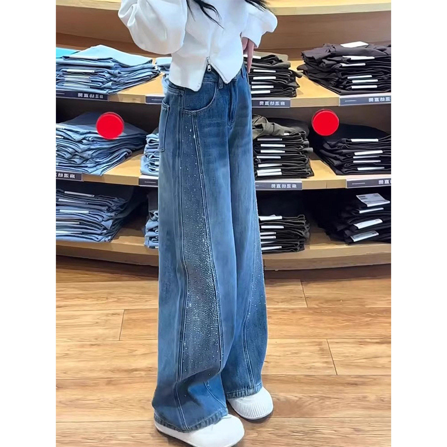 烫钻阔腿牛仔裤女2026春季新款大码胖mm高腰显瘦宽松直筒拖地裤子