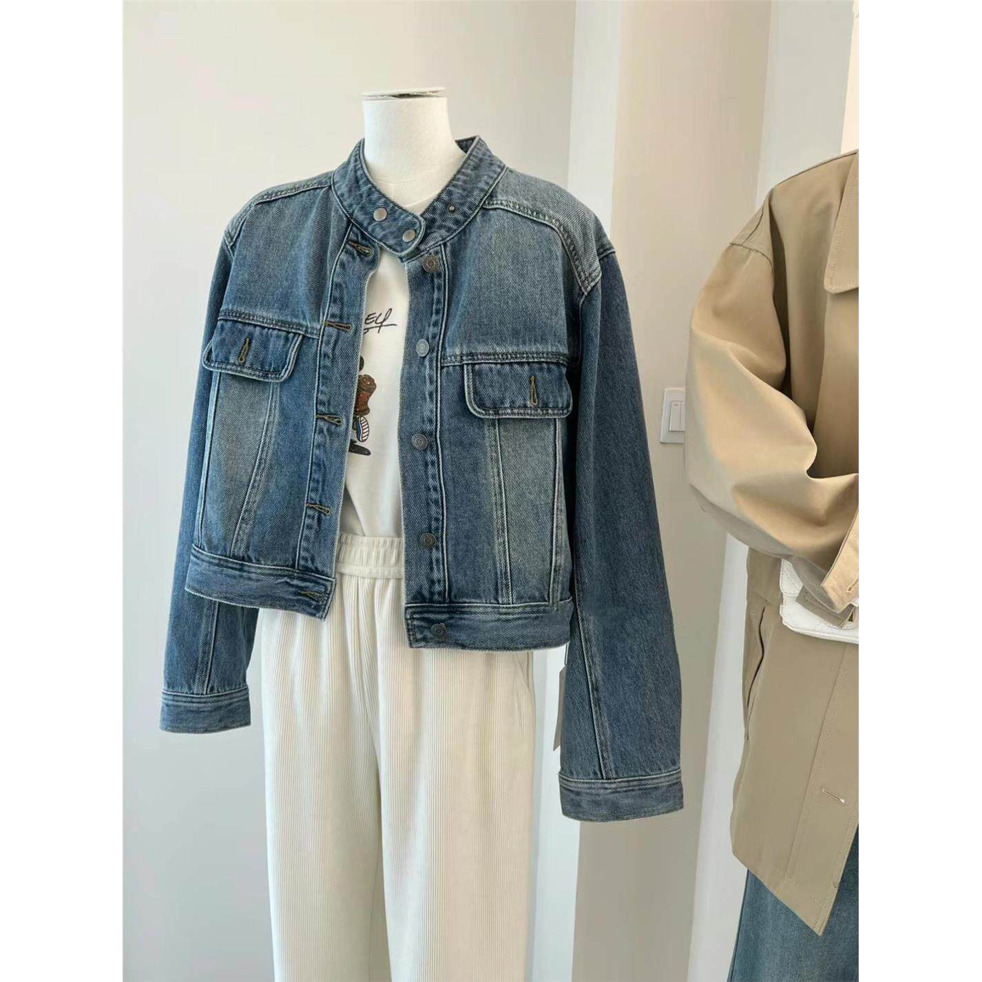 2025年春季新款港味复古做旧短款牛仔外套女宽松显瘦立领夹克上衣