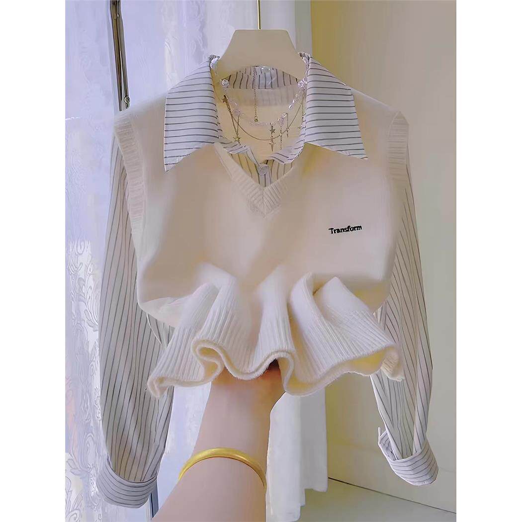 时尚减龄假两件拼接衬衫女装2026春秋新款小个子休闲宽松针织上衣