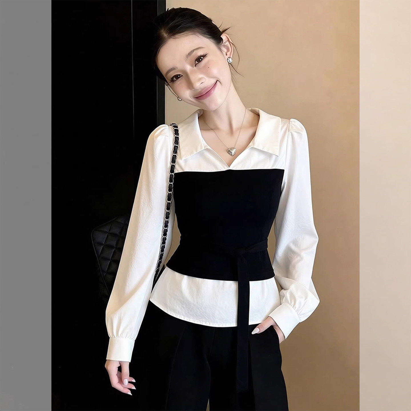 早春通勤翻领长袖上衣系带收腰衬衣女春2026独特超好看假两件衬衫