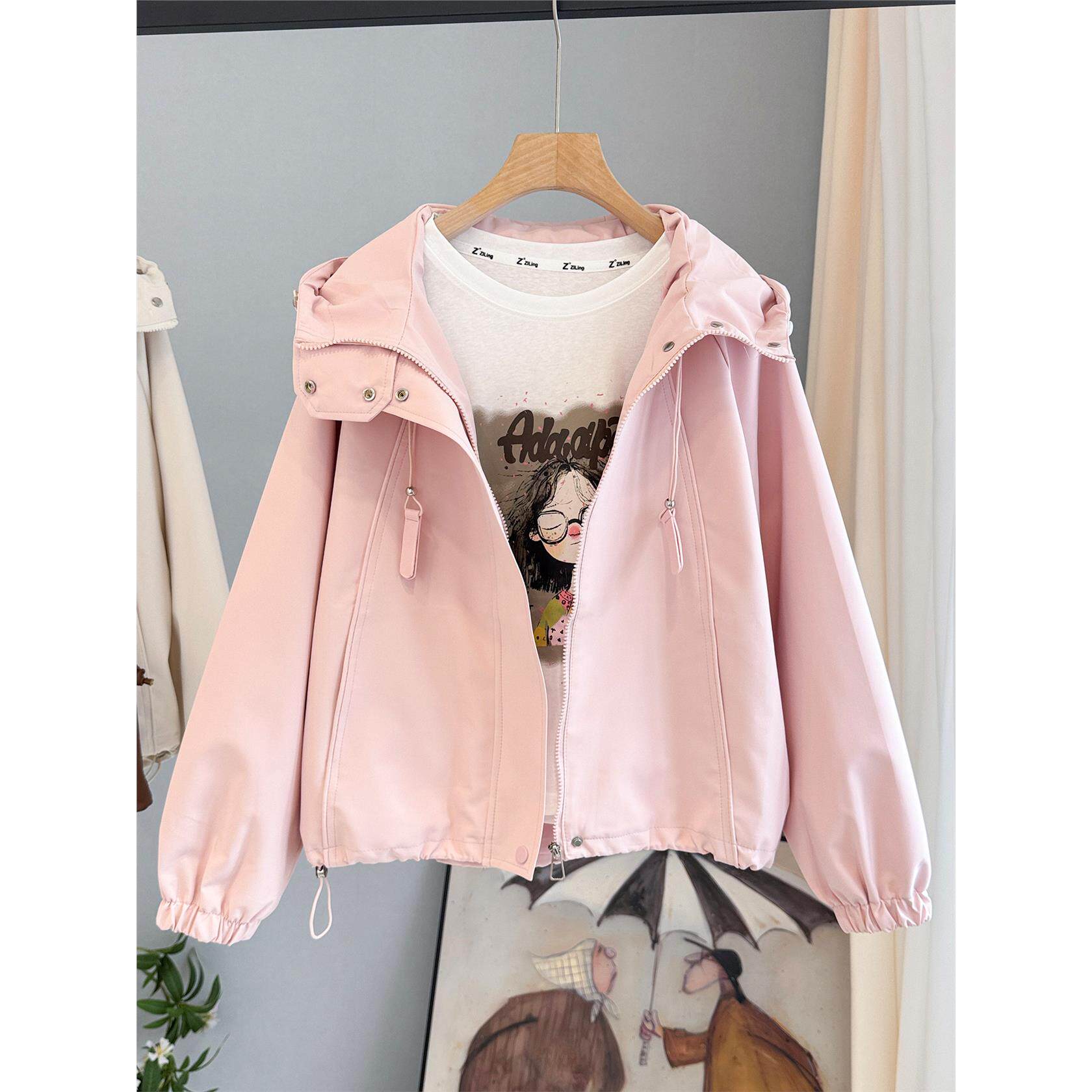 独特漂亮粉色连帽冲锋衣外套女2025春秋新款韩版工装夹克休闲上衣