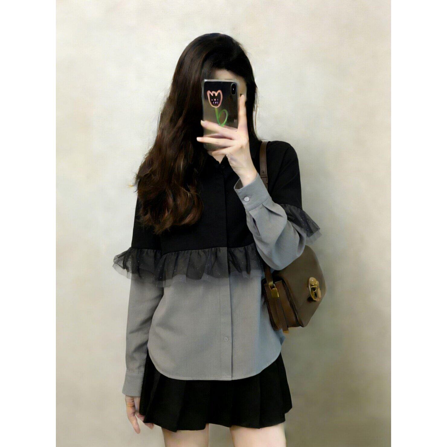 灰色网纱拼接假两件衬衫女2026新款早春大码胖mm正肩独特漂亮上衣