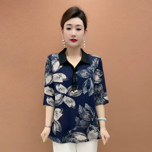春夏显瘦遮肚宽松印花中袖小衫