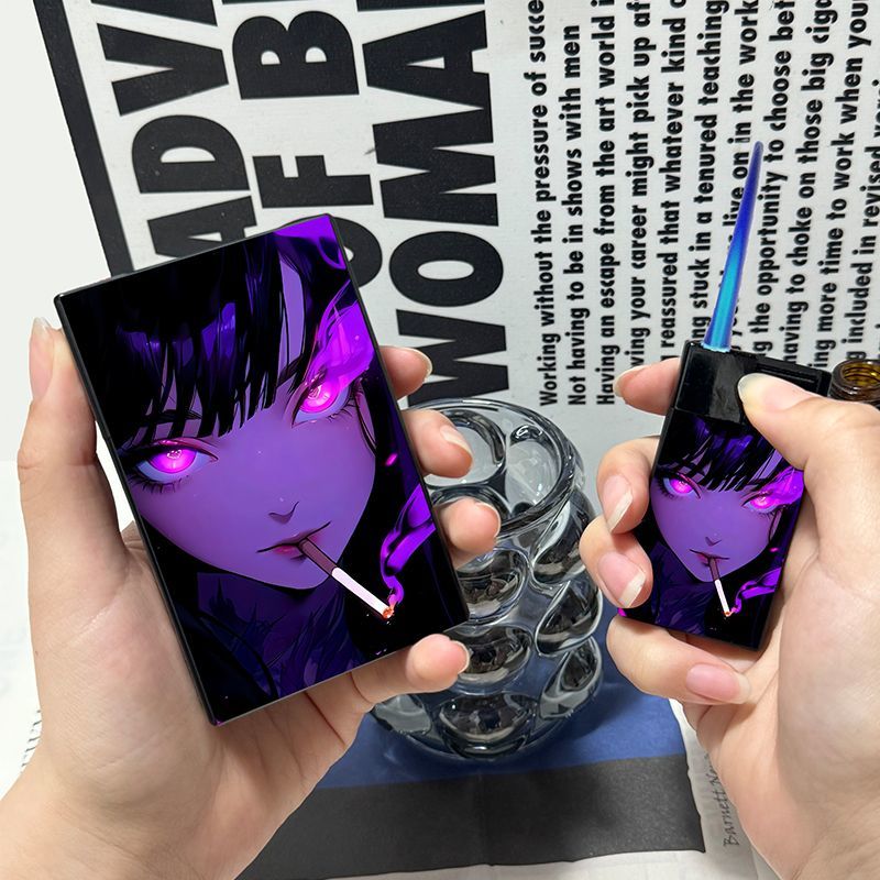 二次元动漫美女防风打火机烟盒蓝焰直冲创意高颜值耐用便携装20支