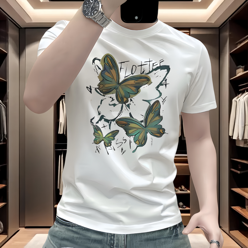 新款个性轻奢高档短袖男款丝光棉凉感修身t正肩半袖时尚潮流上衣