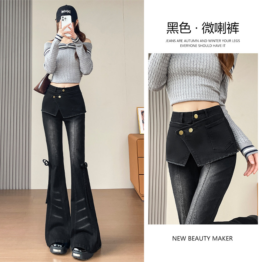 辣妹风黑色微喇牛仔裤女2025冬季高腰显瘦假两件蝴蝶结喇叭裤女士