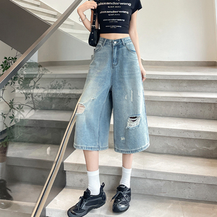 街头牛仔风破洞七分裤女高腰宽松直筒阔腿裤显瘦中裤女士街头风