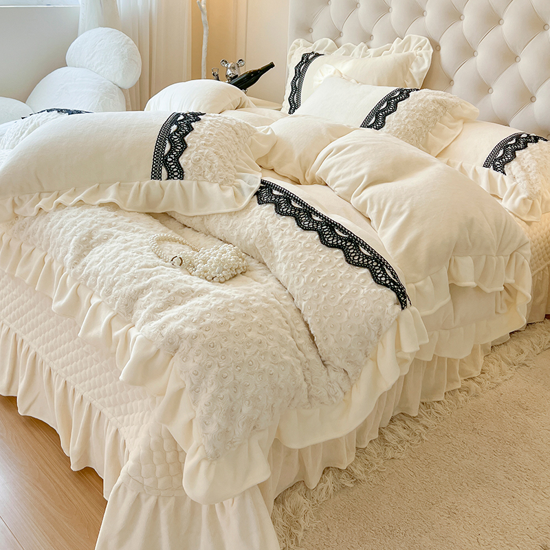 冬季奶油公主风床盖款牛奶绒四件套加绒绒蕾丝被套珊瑚绒夹棉