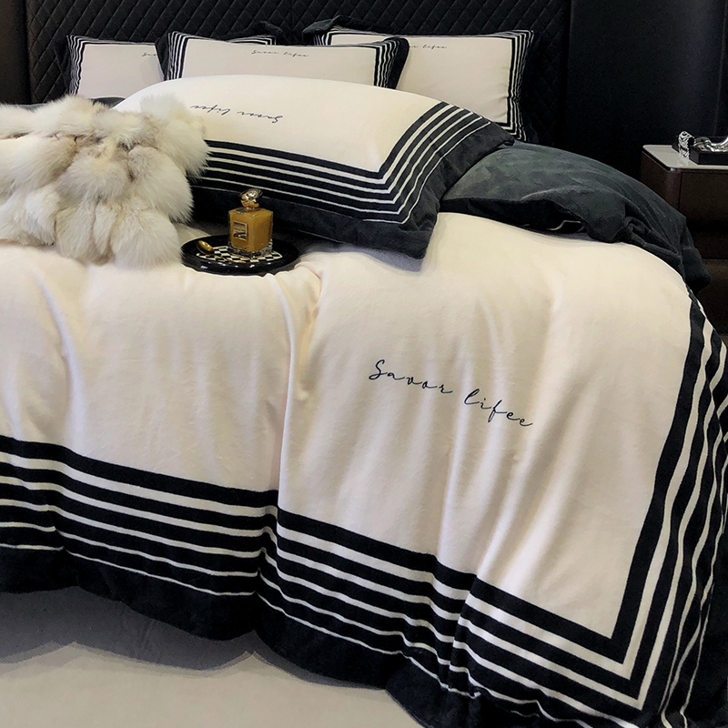 简约轻奢大牌冬季加厚保暖牛奶绒四件套双面加绒珊瑚绒被套商务风