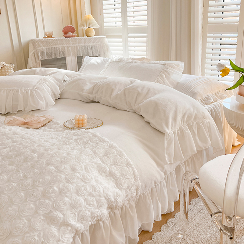 牛奶绒四件套加厚公主风 蕾丝花边珊瑚绒双面保暖白色床裙款